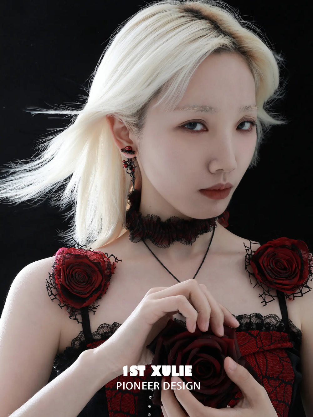 1ST XULIE Jewelry "TWILIGHT ROSE" Gothic Rose Thorn Bow Drop Earrings in Black Gold Plated Brass - On Model