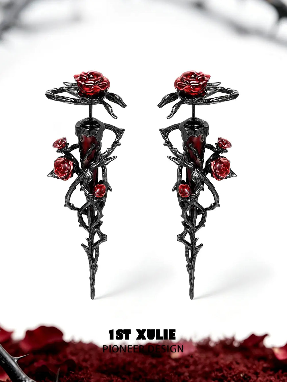 1ST XULIE Jewelry "TWILIGHT ROSE" Gothic Rose Thorn Bow Drop Earrings in Black Gold Plated Brass - On Model Close Up