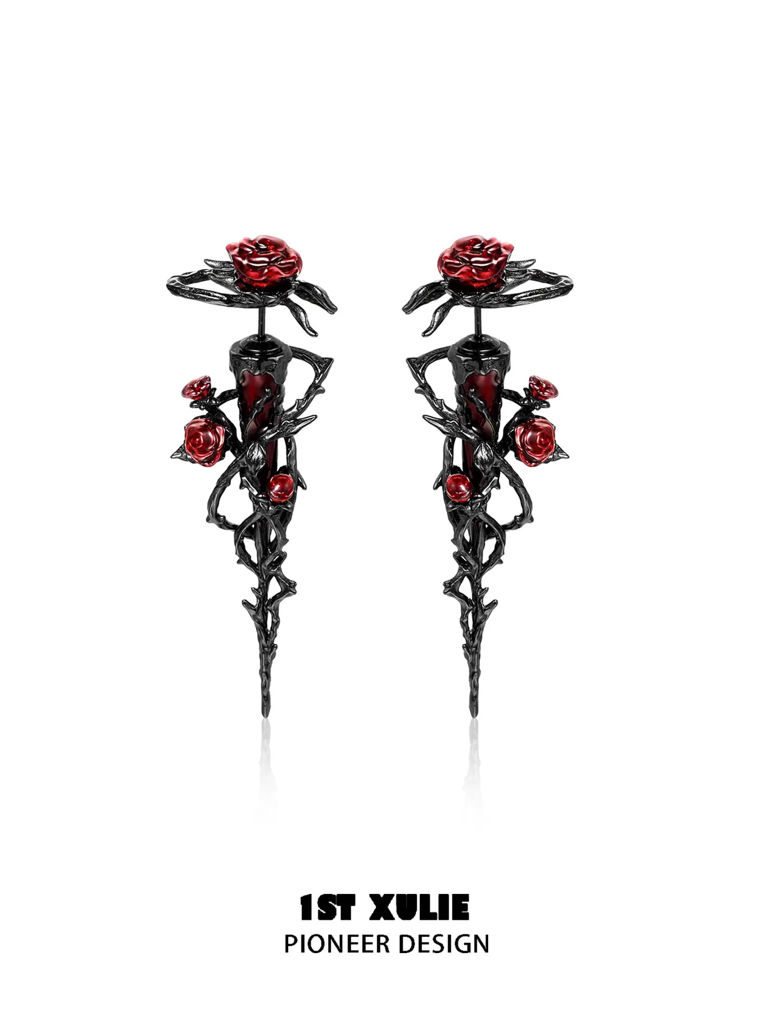 1ST XULIE Jewelry "TWILIGHT ROSE" Gothic Rose Thorn Bow Drop Earrings in Black Gold Plated Brass - Packaging View