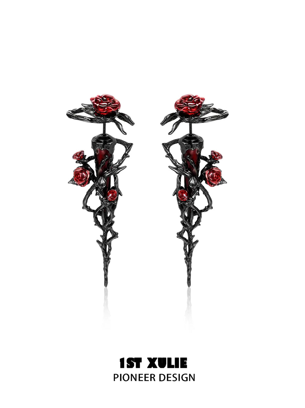 1ST XULIE Jewelry "TWILIGHT ROSE" Gothic Rose Thorn Bow Drop Earrings in Black Gold Plated Brass - Packaging View