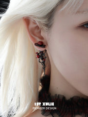1ST XULIE Jewelry "TWILIGHT ROSE" Gothic Rose Thorn Bow Drop Earrings in Black Gold Plated Brass - Side View