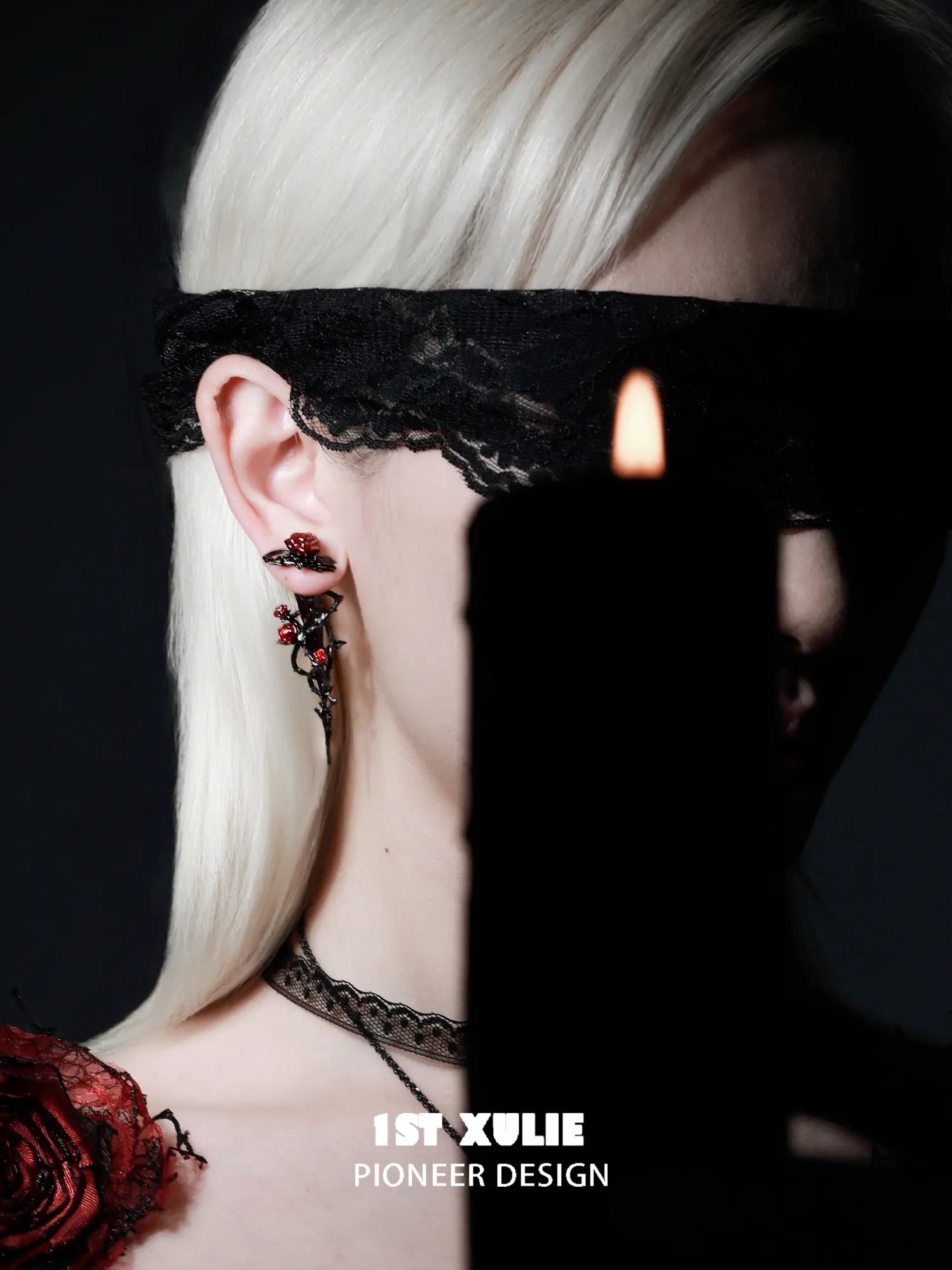 1ST XULIE Jewelry "TWILIGHT ROSE" Gothic Rose Thorn Bow Drop Earrings in Black Gold Plated Brass - Texture