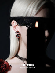 1ST XULIE Jewelry "TWILIGHT ROSE" Gothic Rose Thorn Bow Drop Earrings in Black Gold Plated Brass - Texture