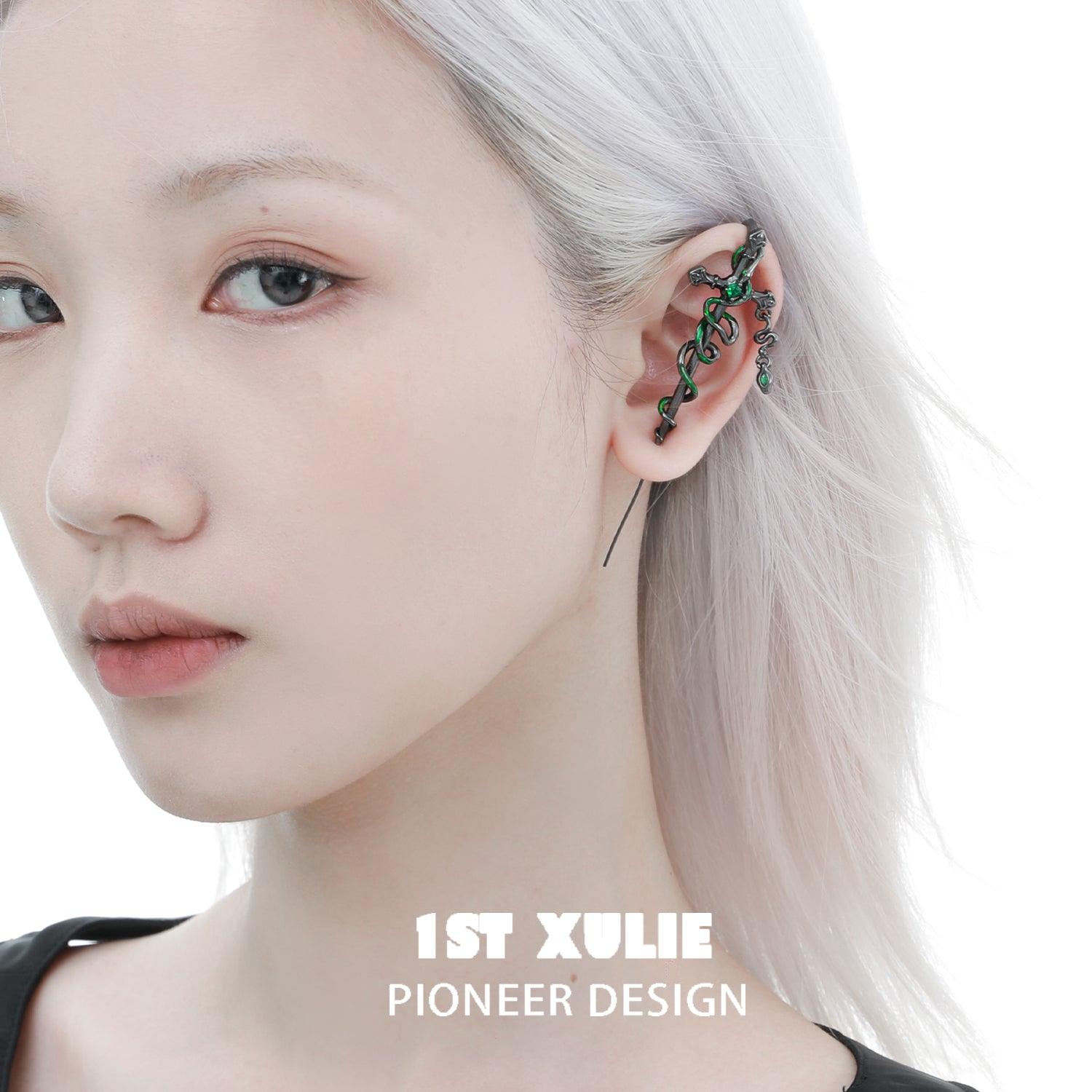 1ST XULIE "Slytherin House" Gothic Serpent Cross Dangle Piercing Earrings in 18K Black Gold Plated - Angled Product View
