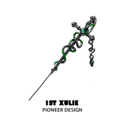 1ST XULIE "Slytherin House" Gothic Serpent Cross Dangle Piercing Earrings in 18K Black Gold Plated - Product View