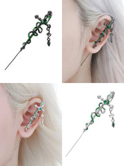 1ST XULIE "Slytherin House" Gothic Serpent Cross Dangle Piercing Earrings in 18K Black Gold Plated - On Model Close-up