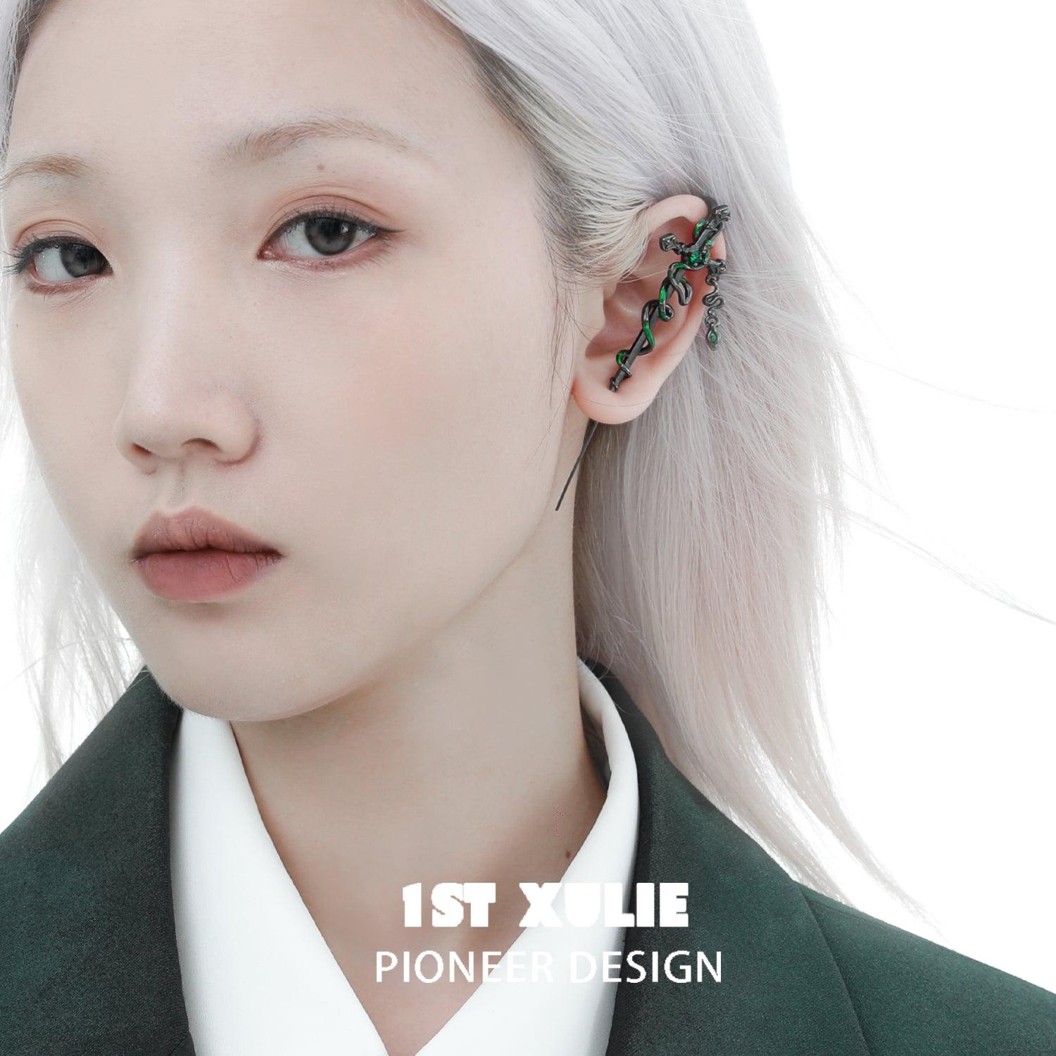 1ST XULIE "Slytherin House" Gothic Serpent Cross Dangle Piercing Earrings in 18K Black Gold Plated - Packaging View