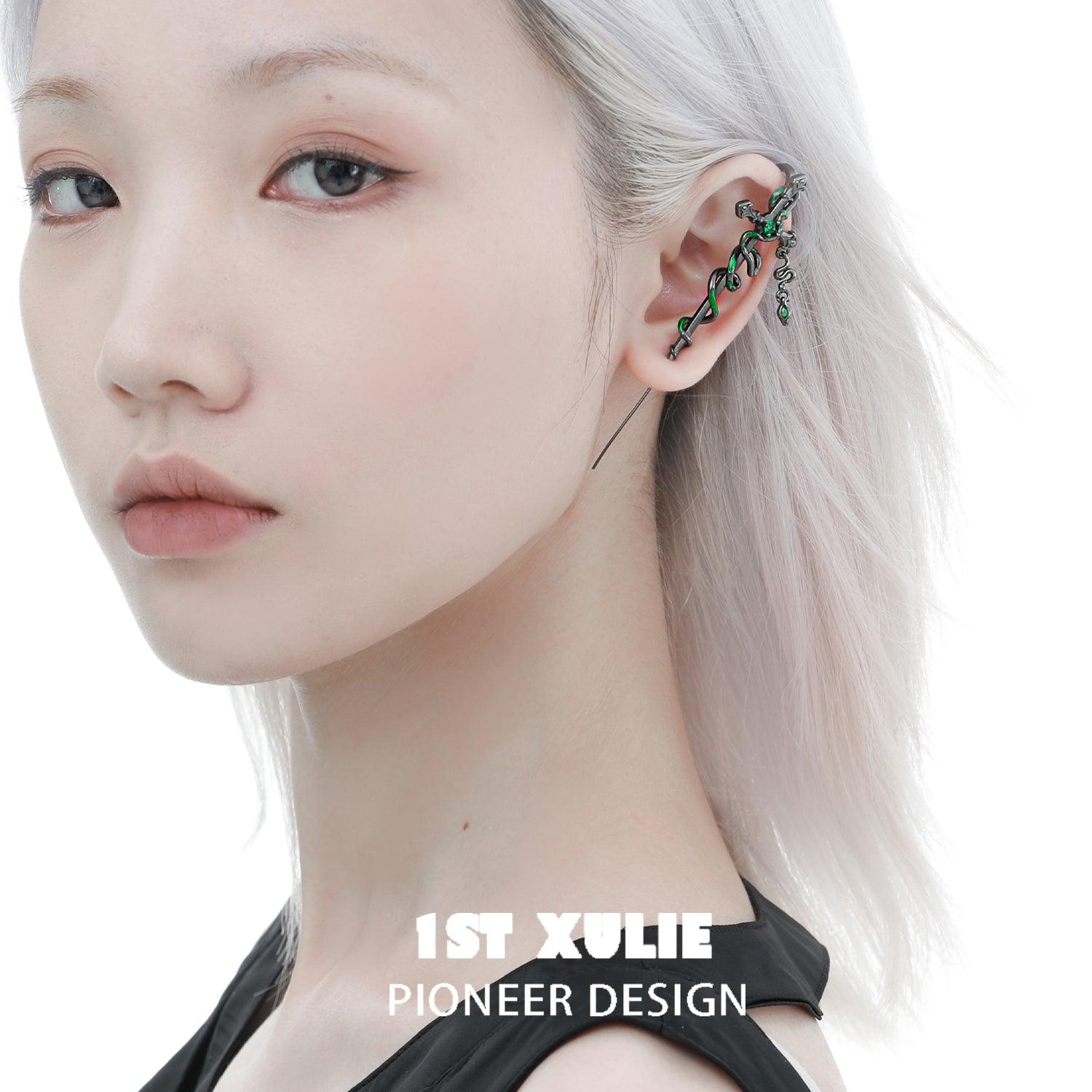 1ST XULIE "Slytherin House" Gothic Serpent Cross Dangle Piercing Earrings in 18K Black Gold Plated - Side View