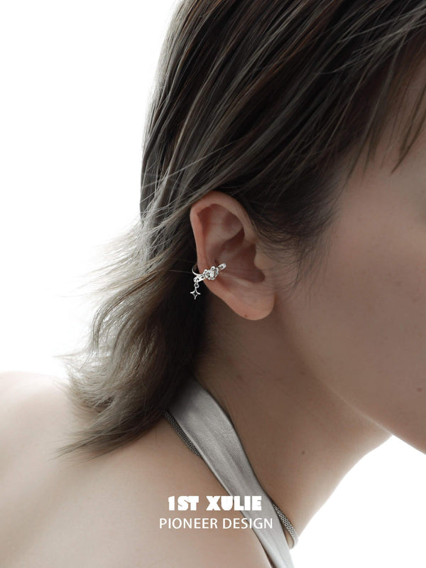 "Star Trails" 925 Sterling Silver Gothic Skeleton Heart Ear Clips, Ear Cuff