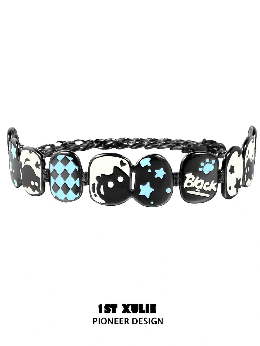 1ST XULIE "Ghosts" Gothic Statement Black Cat Choker Necklace in Platinum Plated - Angle View