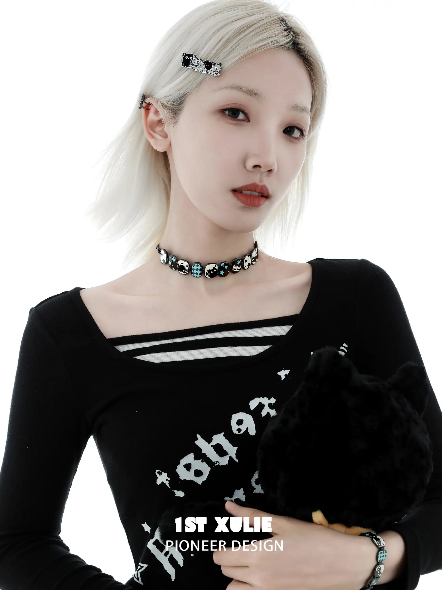 1ST XULIE "Ghosts" Gothic Statement Black Cat Choker Necklace in Platinum Plated - Back View