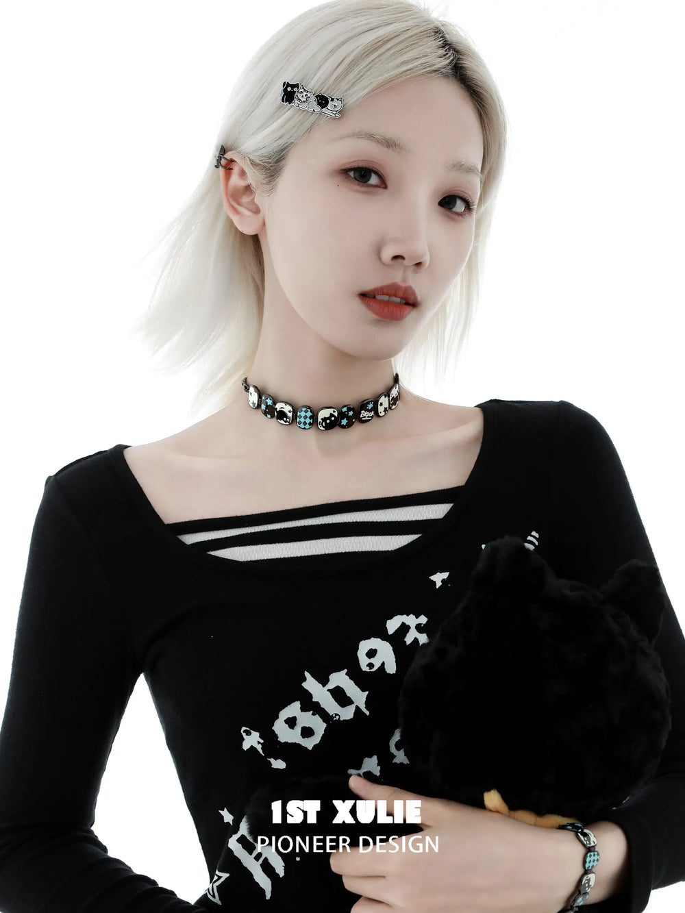 1ST XULIE "Ghosts" Gothic Statement Black Cat Choker Necklace in Platinum Plated - Back View
