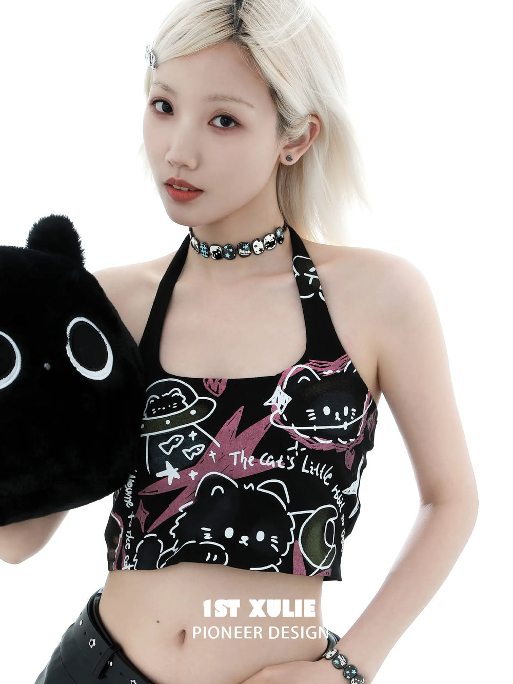 1ST XULIE "Ghosts" Gothic Statement Black Cat Choker Necklace in Platinum Plated - Clasp Detail