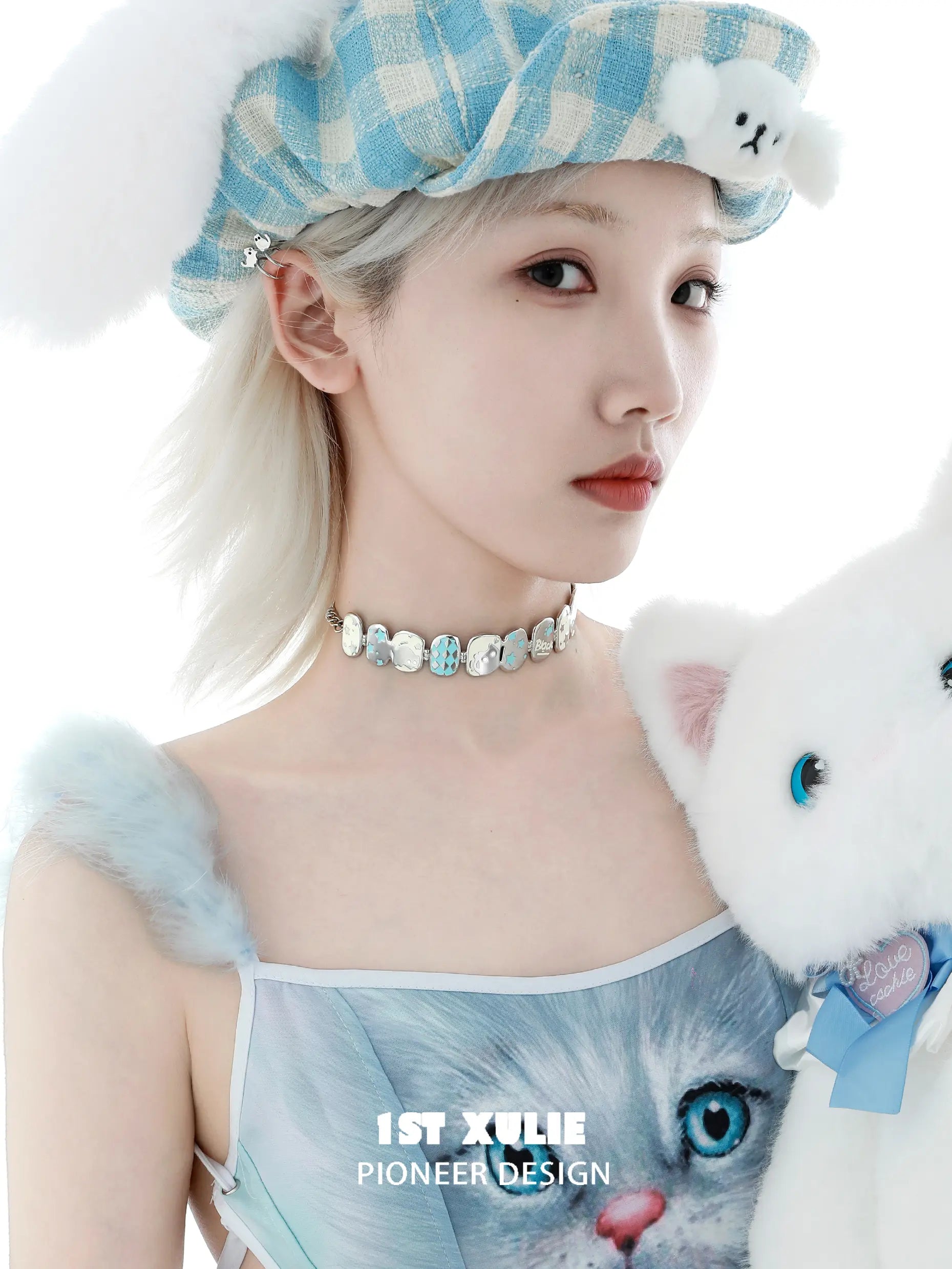 1ST XULIE "Ghosts" Gothic Statement Black Cat Choker Necklace in Platinum Plated - Full Product View