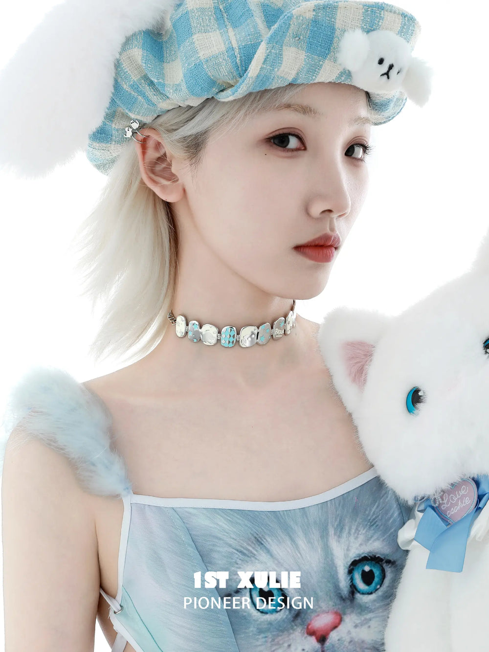 1ST XULIE "Ghosts" Gothic Statement Black Cat Choker Necklace in Platinum Plated - Full Product View