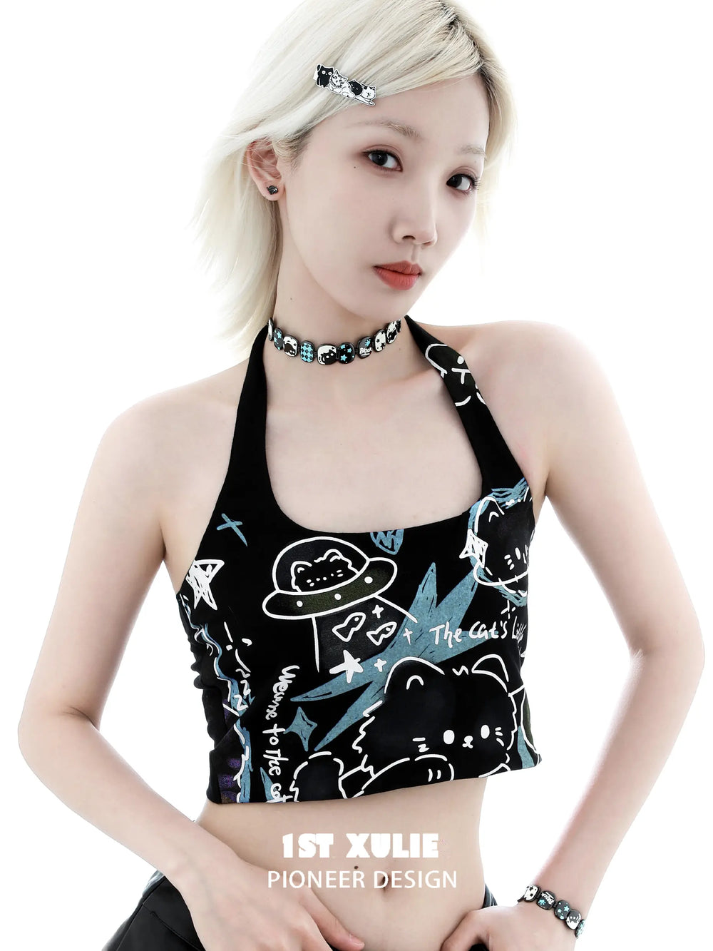 1ST XULIE "Ghosts" Gothic Statement Black Cat Choker Necklace in Platinum Plated - On Model Close-Up