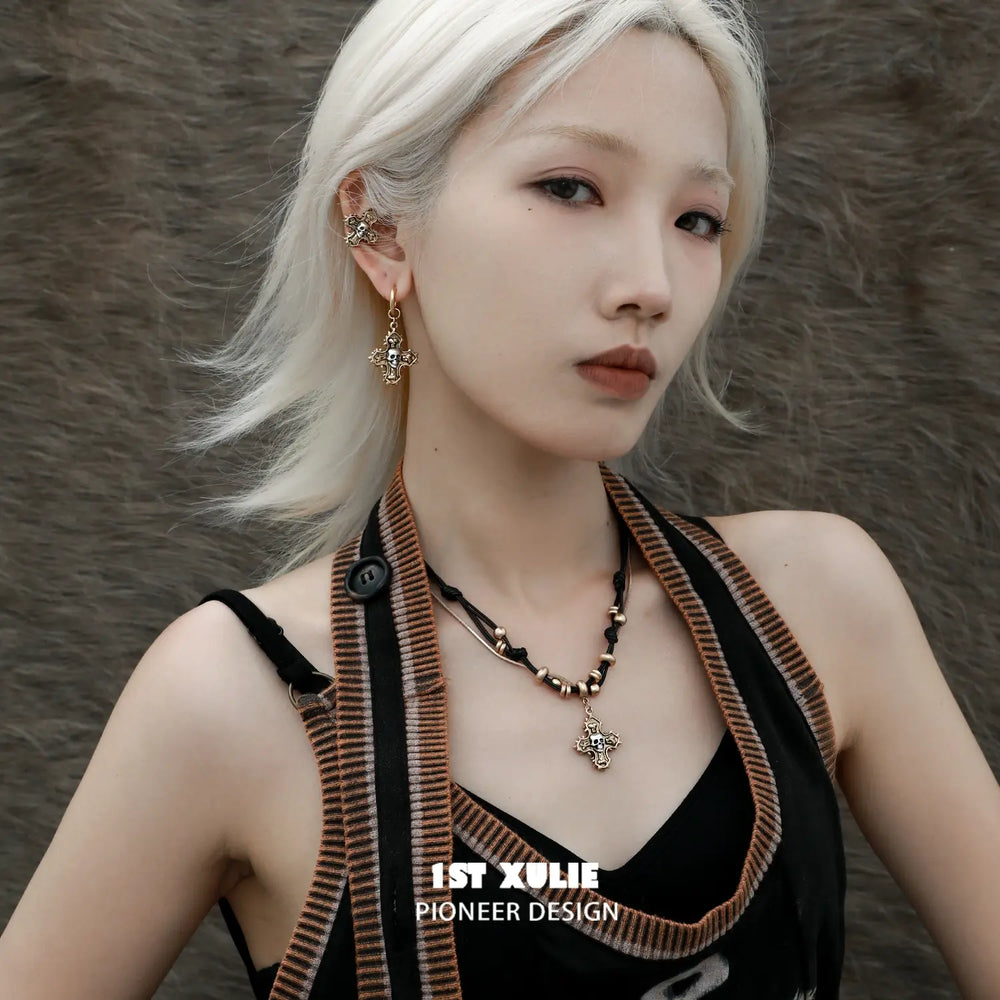 1ST XULIE "Sinfulness" Gothic Vintage Skull Choker Necklace in 18K Gold Plated Brass - On Model