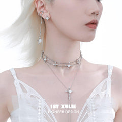 1ST XULIE "Rose Believer" Gothic White Rose Dangle Ear Clips in Platinum Plated - On Model Detail Shot