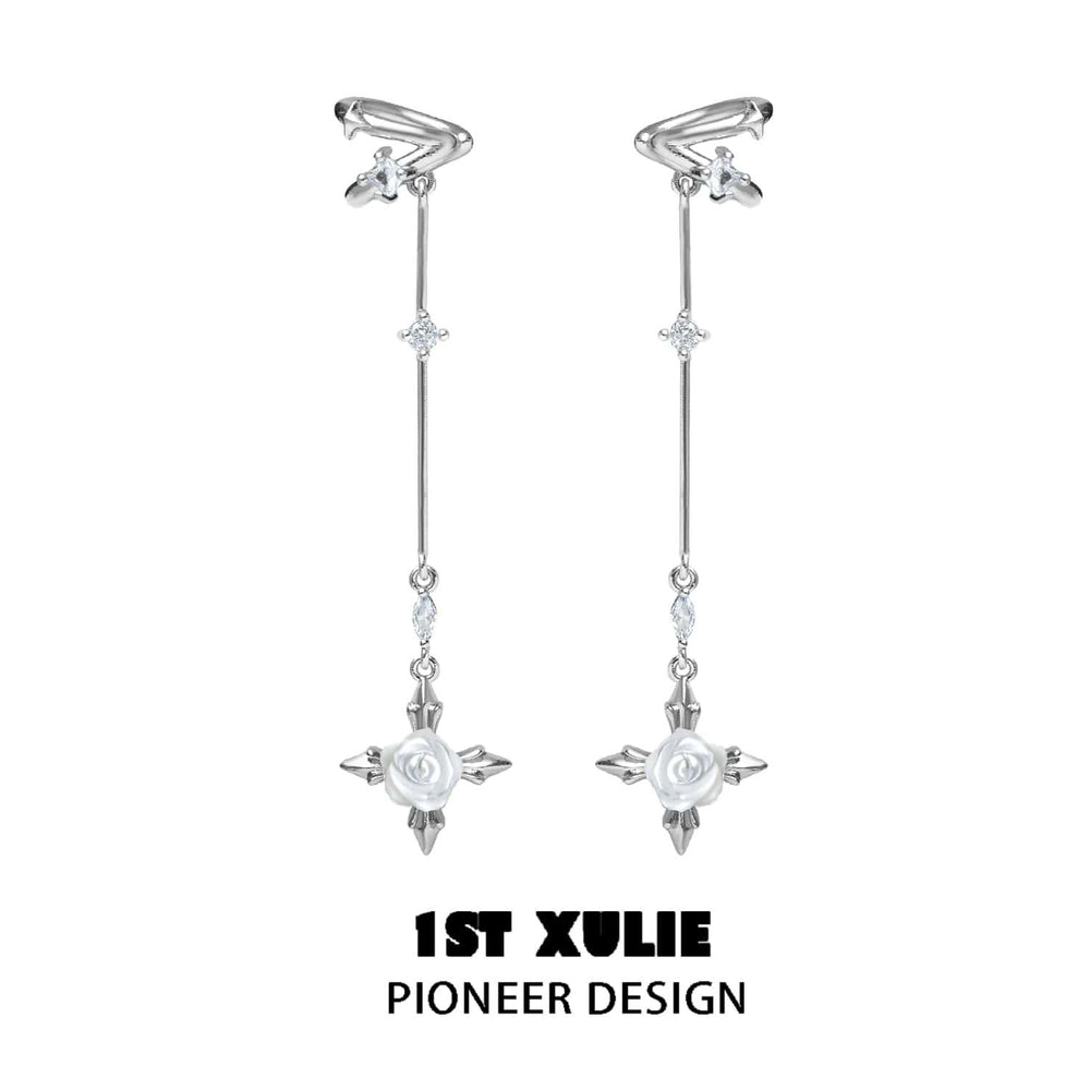 1ST XULIE "Rose Believer" Gothic White Rose Dangle Ear Cuffs in Platinum Plated - Product View