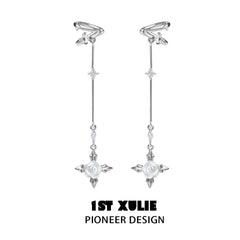 1ST XULIE "Rose Believer" Gothic White Rose Dangle Ear Cuffs in Platinum Plated - Product View