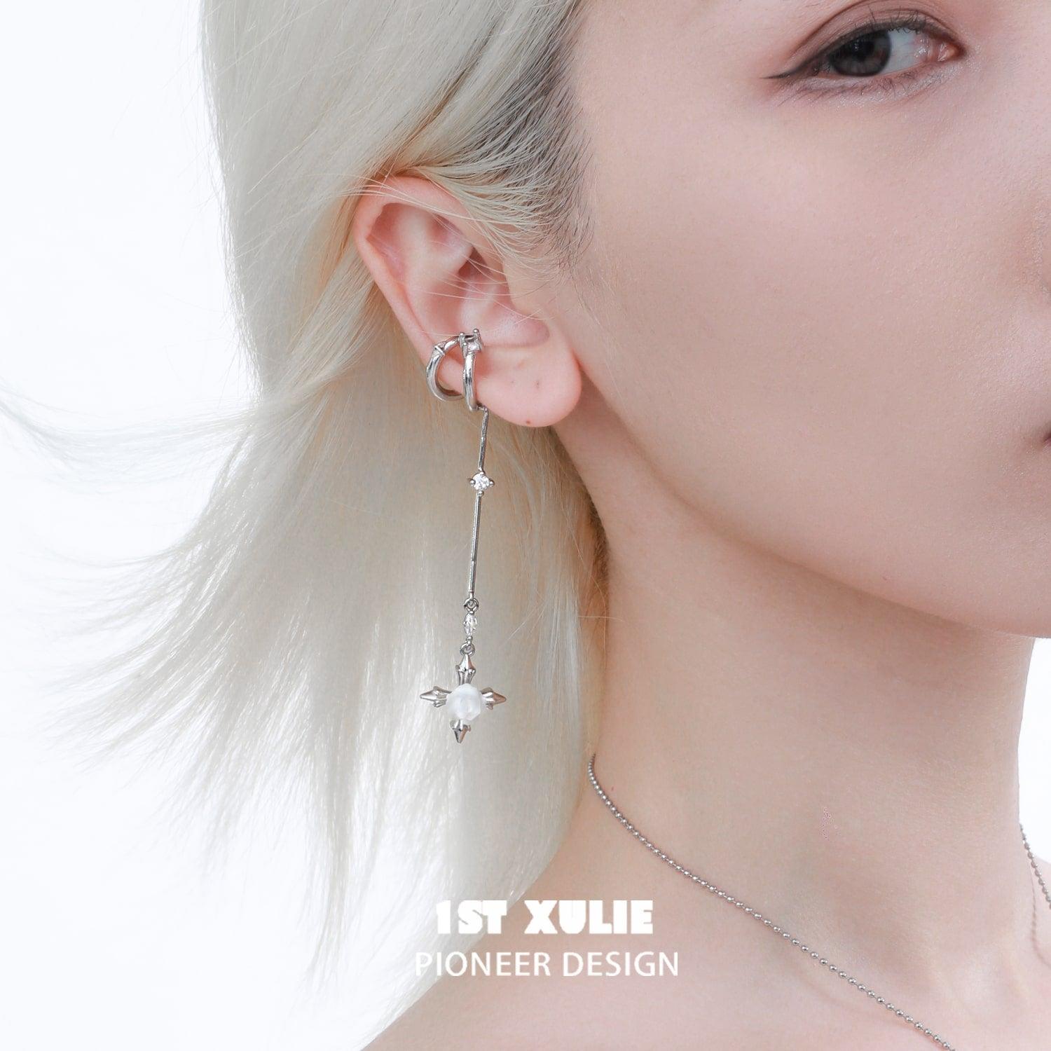 1ST XULIE "Rose Believer" Gothic White Rose Dangle Ear Cuffs in Platinum Plated - On Model