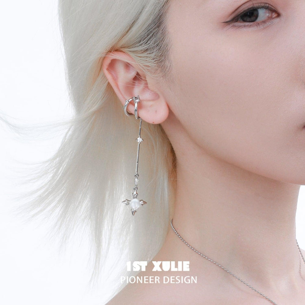 1ST XULIE "Rose Believer" Gothic White Rose Dangle Ear Cuffs in Platinum Plated - On Model