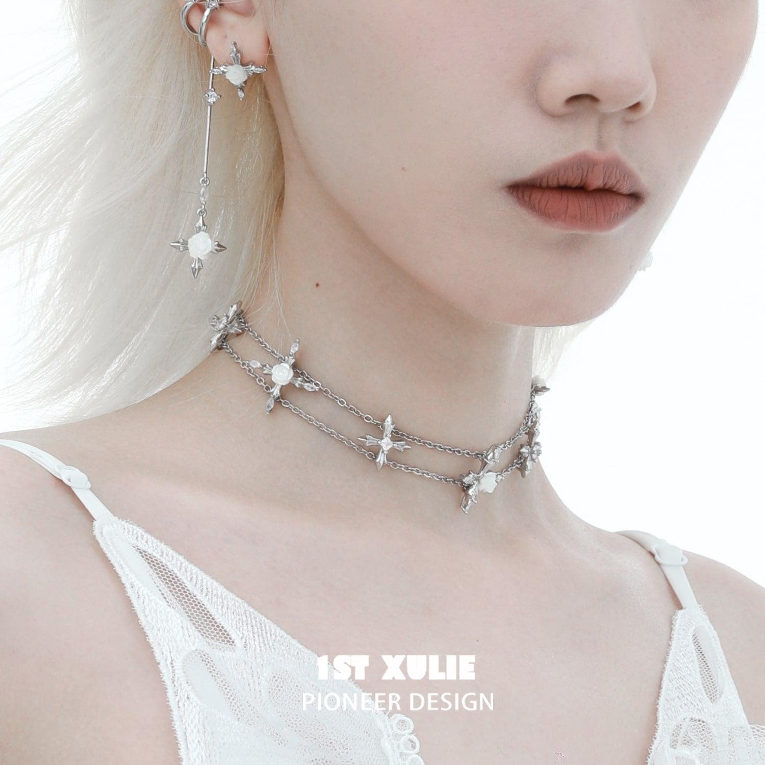 1ST XULIE "Rose Believer" Gothic White Rose Dangle Ear Cuffs in Platinum Plated - Side View on Model