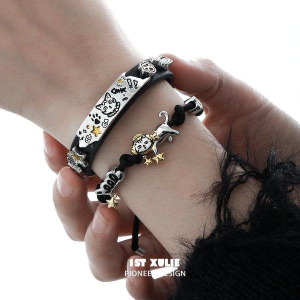 "Graffiti Kitten" Rhodium Plated Playful Adjustable Charm Rope Bracelet