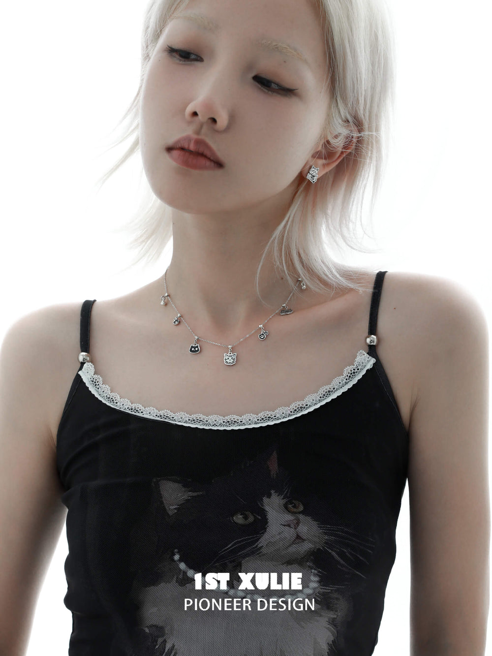 1ST XULIE "Graffiti Kitten" Minimalist Stylized Cat Pendant Necklace in 925 Sterling Silver - Angled Product View