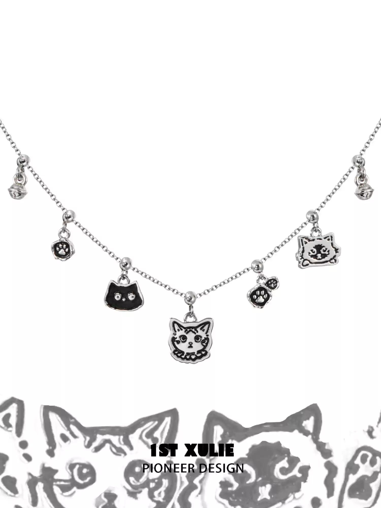 1ST XULIE "Graffiti Kitten" Minimalist Stylized Cat Pendant Necklace in 925 Sterling Silver - Product View