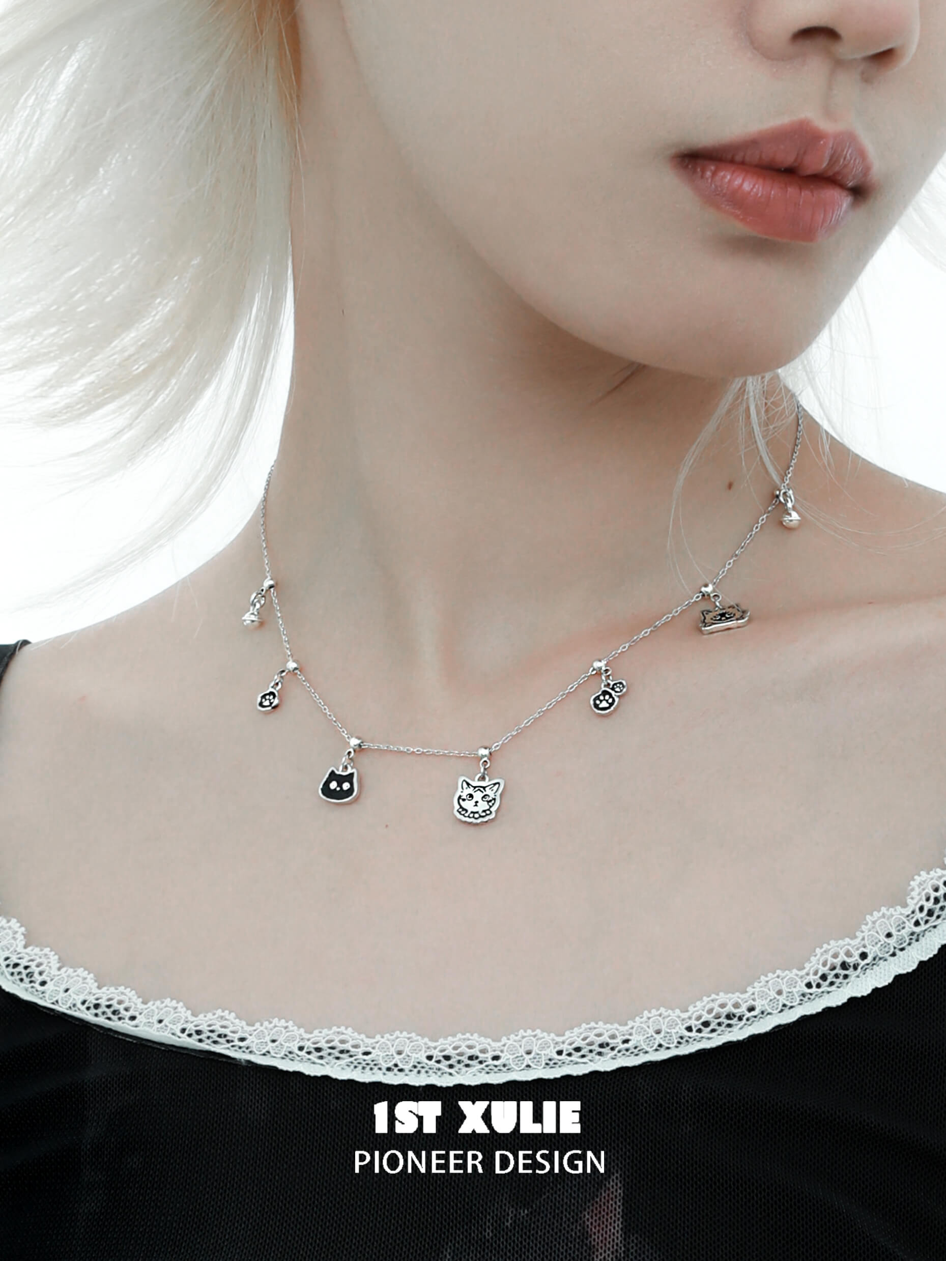 1ST XULIE "Graffiti Kitten" Minimalist Stylized Cat Pendant Necklace in 925 Sterling Silver - On Model