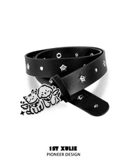 1ST XULIE "Angel Cuties" Graffiti Kitten & Puppy Statement Waist Belt in Tweed & Leather - Angle View