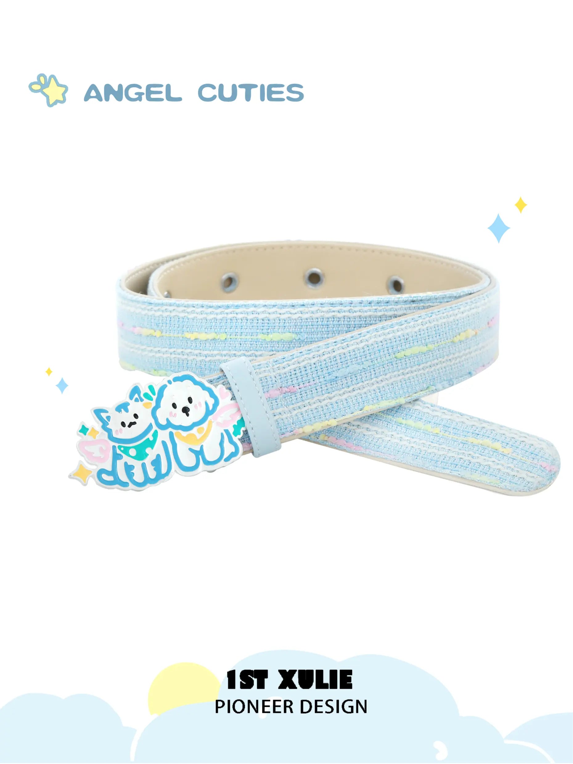 1ST XULIE "Angel Cuties" Graffiti Kitten & Puppy Statement Waist Belt in Tweed & Leather - Clasp Detail