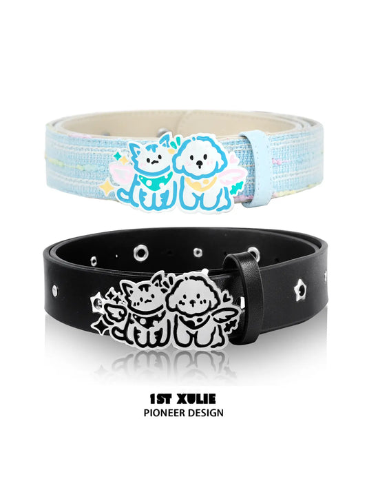 1ST XULIE "Angel Cuties" Graffiti Kitten & Puppy Statement Waist Belt in Tweed & Leather - Product View