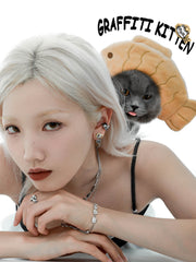 1ST XULIE "Graffiti Kitten" Platinum Plated Stud Earrings - Angle View