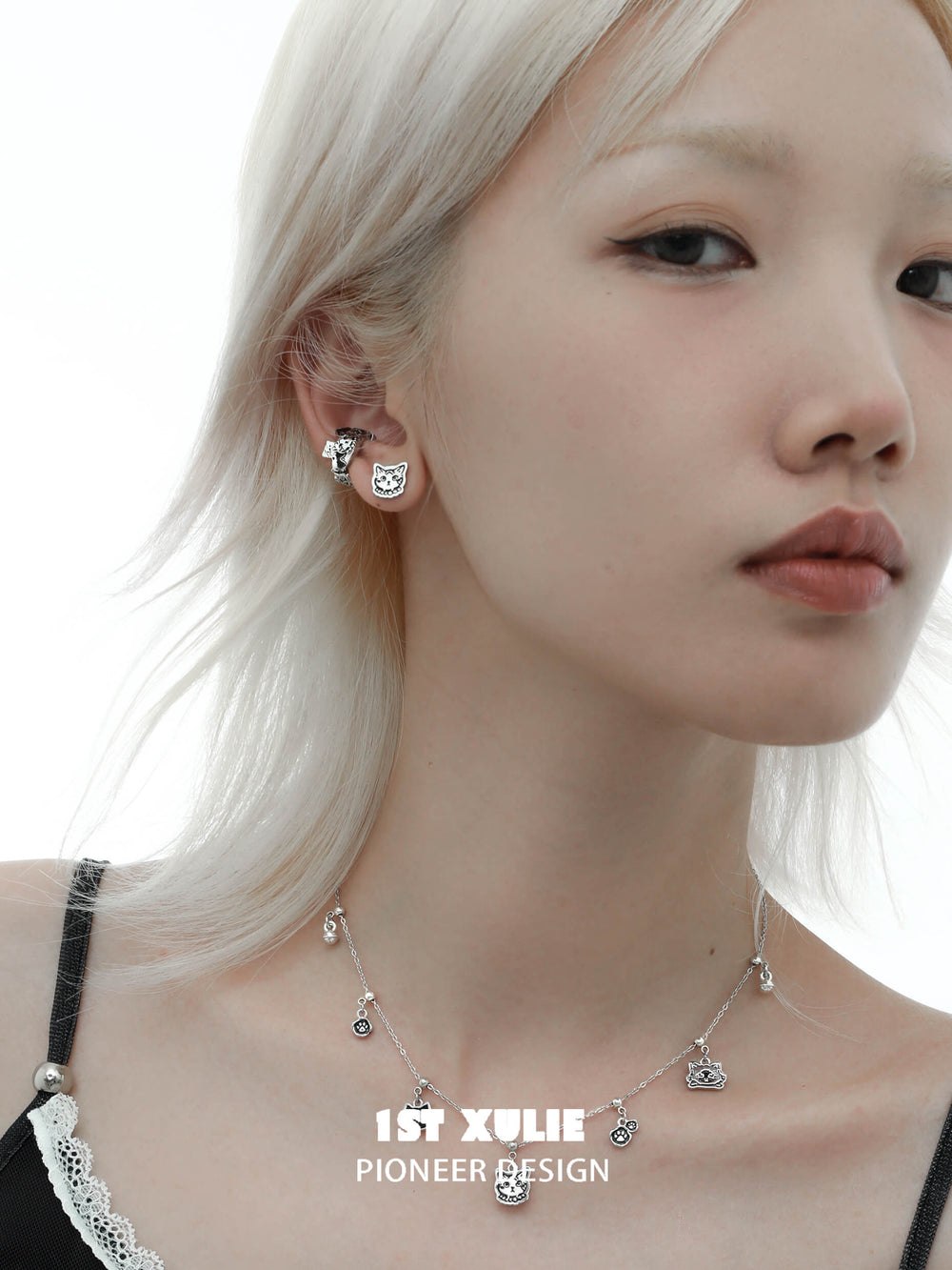 1ST XULIE "Graffiti Kitten" Platinum Plated Stud Earrings - Back View