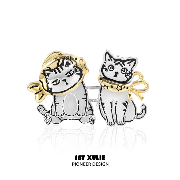 "Graffiti Kitten" Platinum Plated Graffiti Lazy Cat Brooch, Statement Kitten Pin