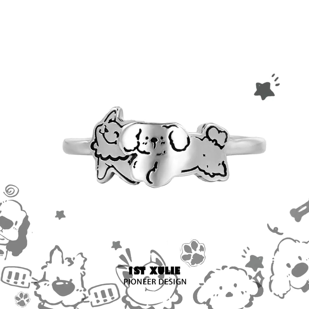 1ST XULIE "Graffiti Puppy" Minimalist Adjustable Open Puppy Ring in 925 Sterling Silver - Detail Shot