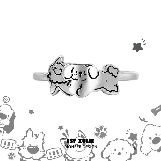1ST XULIE "Graffiti Puppy" Minimalist Adjustable Open Puppy Ring in 925 Sterling Silver - Detail Shot