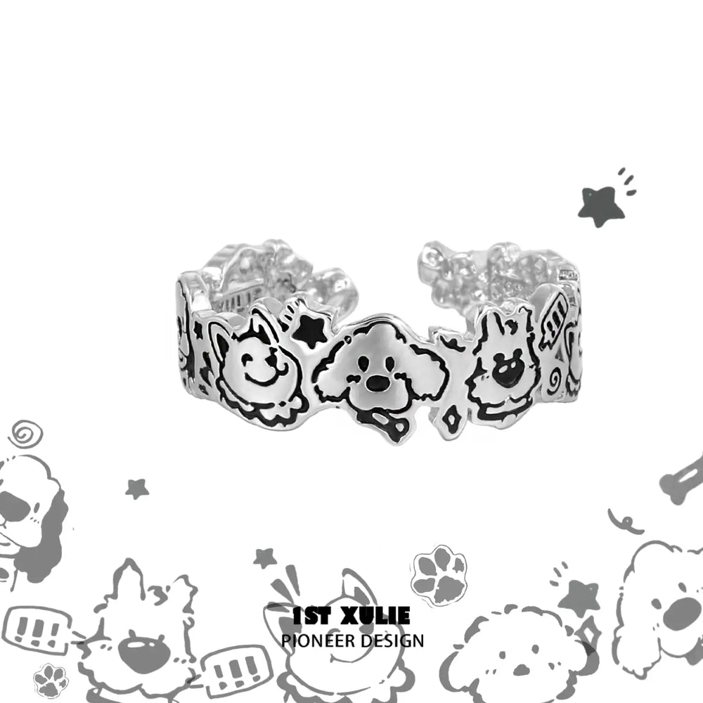 1ST XULIE "Graffiti Puppy" Minimalist Adjustable Open Puppy Ring in 925 Sterling Silver - Product View