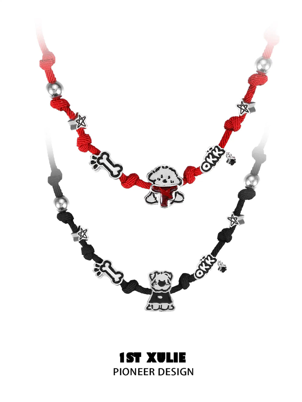 1ST XULIE "Graffiti Puppy" Platinum Plated Adjustable Rope Choker Necklace - Detail Shot of Puppy Charm