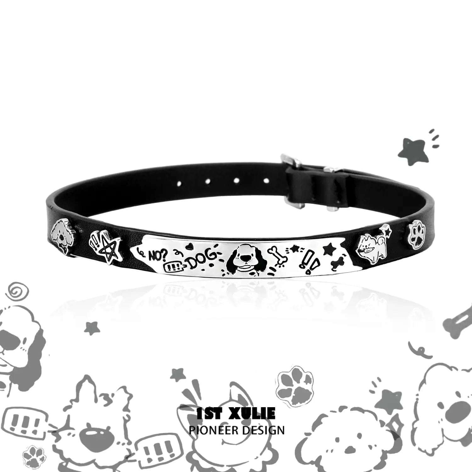 1ST XULIE "Graffiti Puppy" Platinum Plated Statement Leather Choker Necklace in Platinum & Leather - Detail Shot