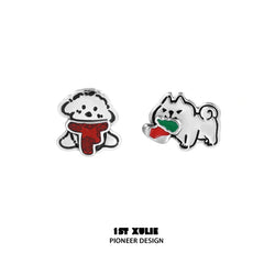1ST XULIE "MERRY CHRISTMAS 2024" Graffiti Puppy Stud Earrings in Platinum Plate - Angled View