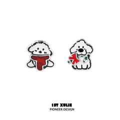 1ST XULIE "MERRY CHRISTMAS 2024" Graffiti Puppy Stud Earrings in Platinum Plate - Back View