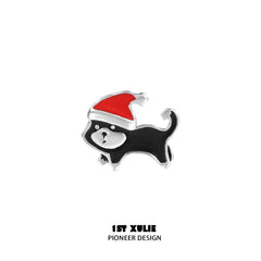 1ST XULIE "MERRY CHRISTMAS 2024" Graffiti Puppy Stud Earrings in Platinum Plate - Detail Shot of Enamel