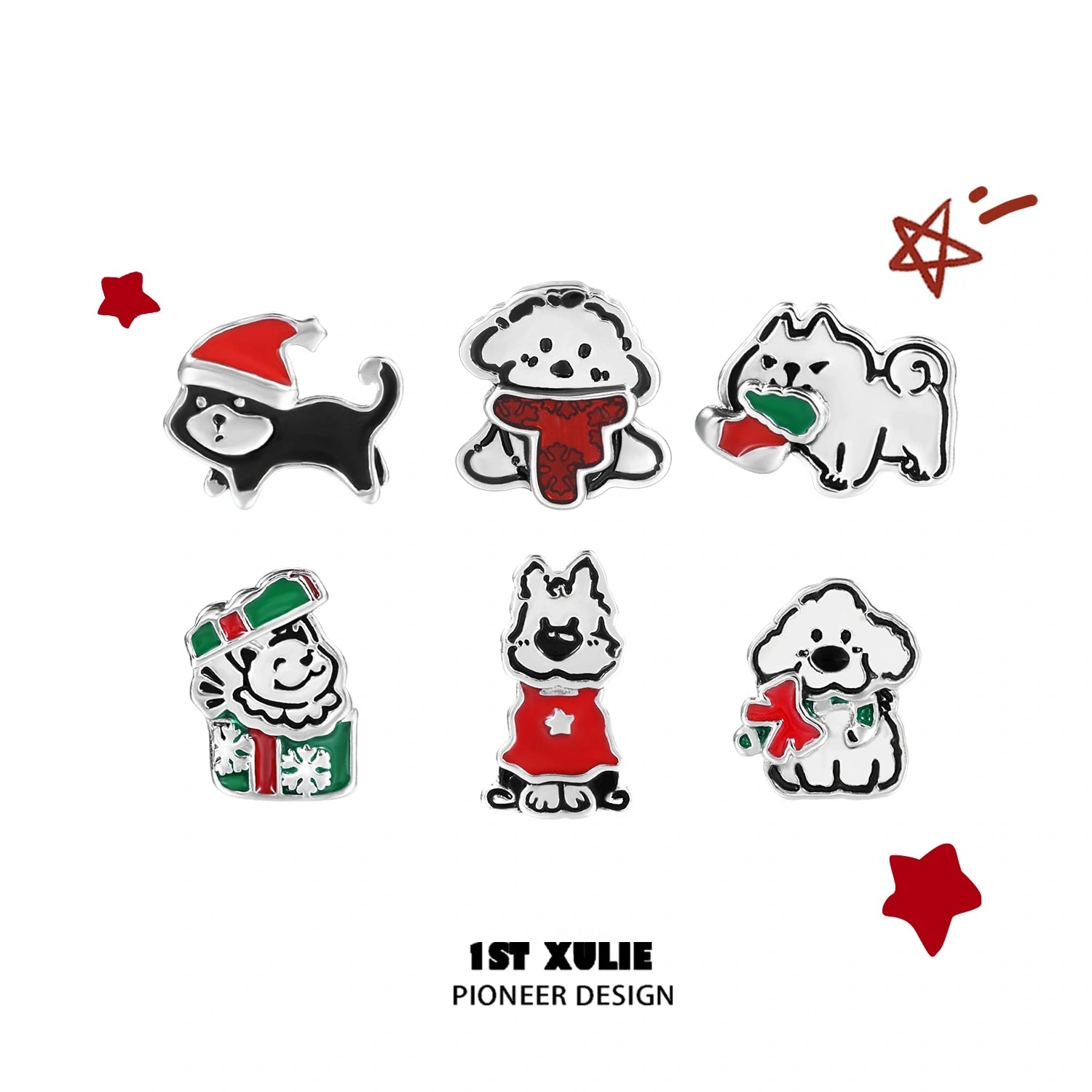 1ST XULIE "MERRY CHRISTMAS 2024" Graffiti Puppy Stud Earrings in Platinum Plate - Product View