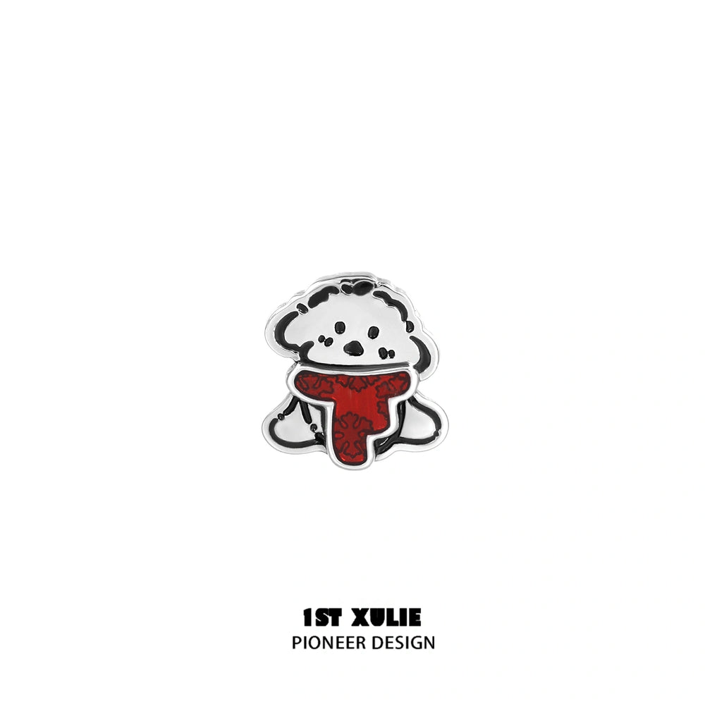 1ST XULIE "MERRY CHRISTMAS 2024" Graffiti Puppy Stud Earrings in Platinum Plate - On Model Side Profile