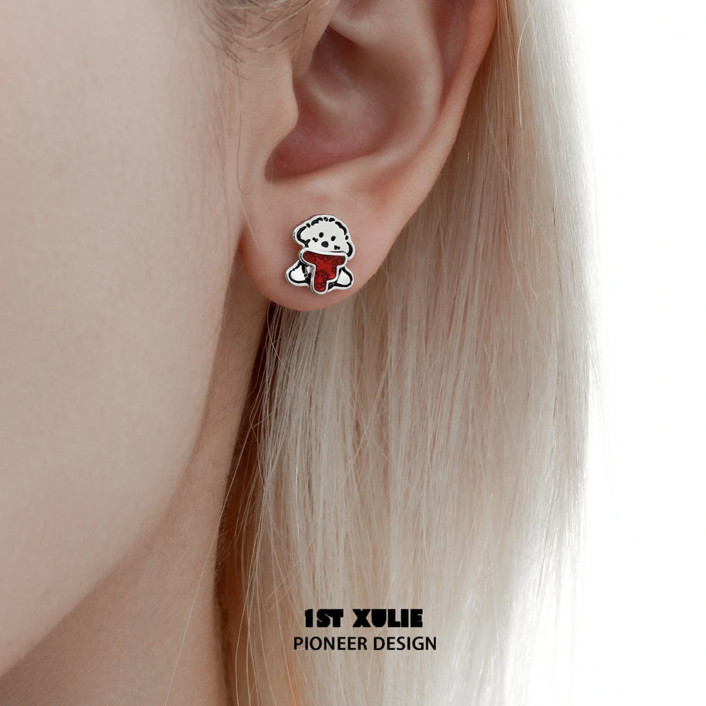 1ST XULIE "MERRY CHRISTMAS 2024" Graffiti Puppy Stud Earrings in Platinum Plate - On Model Close-up