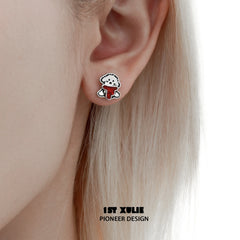 1ST XULIE "MERRY CHRISTMAS 2024" Graffiti Puppy Stud Earrings in Platinum Plate - On Model Close-up