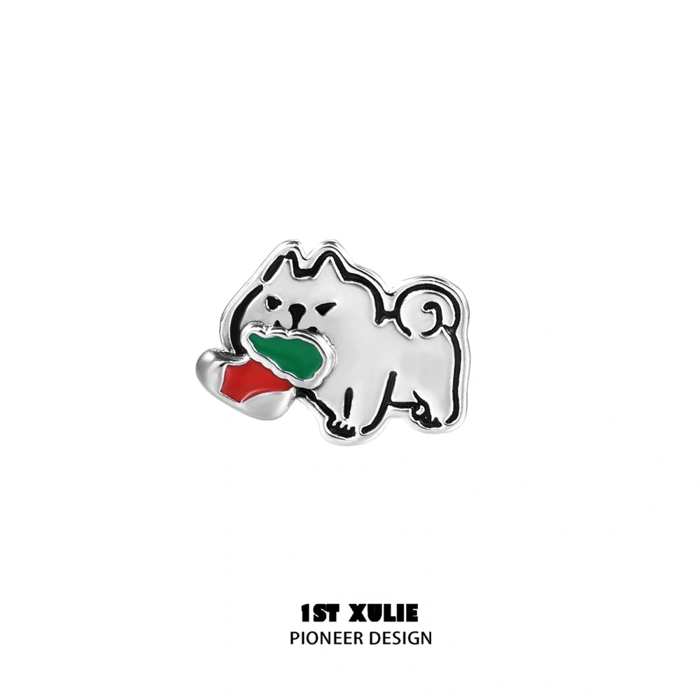1ST XULIE "MERRY CHRISTMAS 2024" Graffiti Puppy Stud Earrings in Platinum Plate - Texture Shot